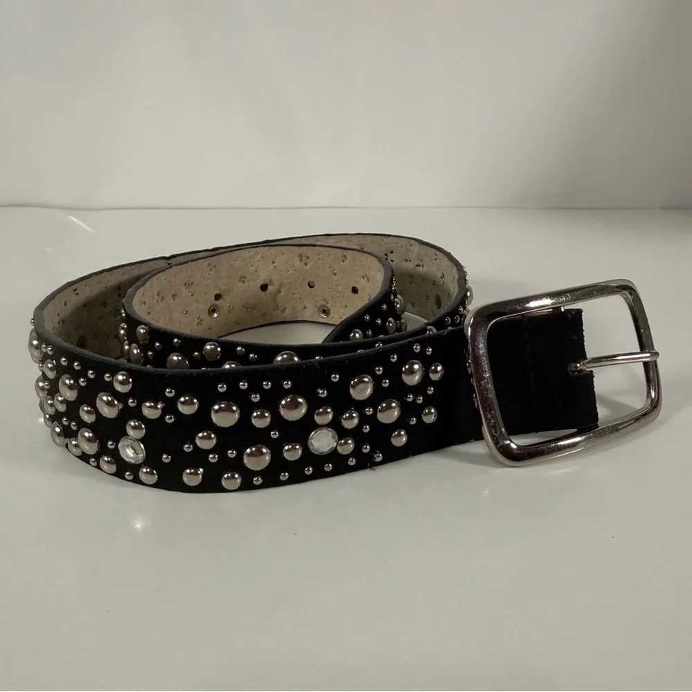 Studded Black Suede Belt with Silver Buckle, size M